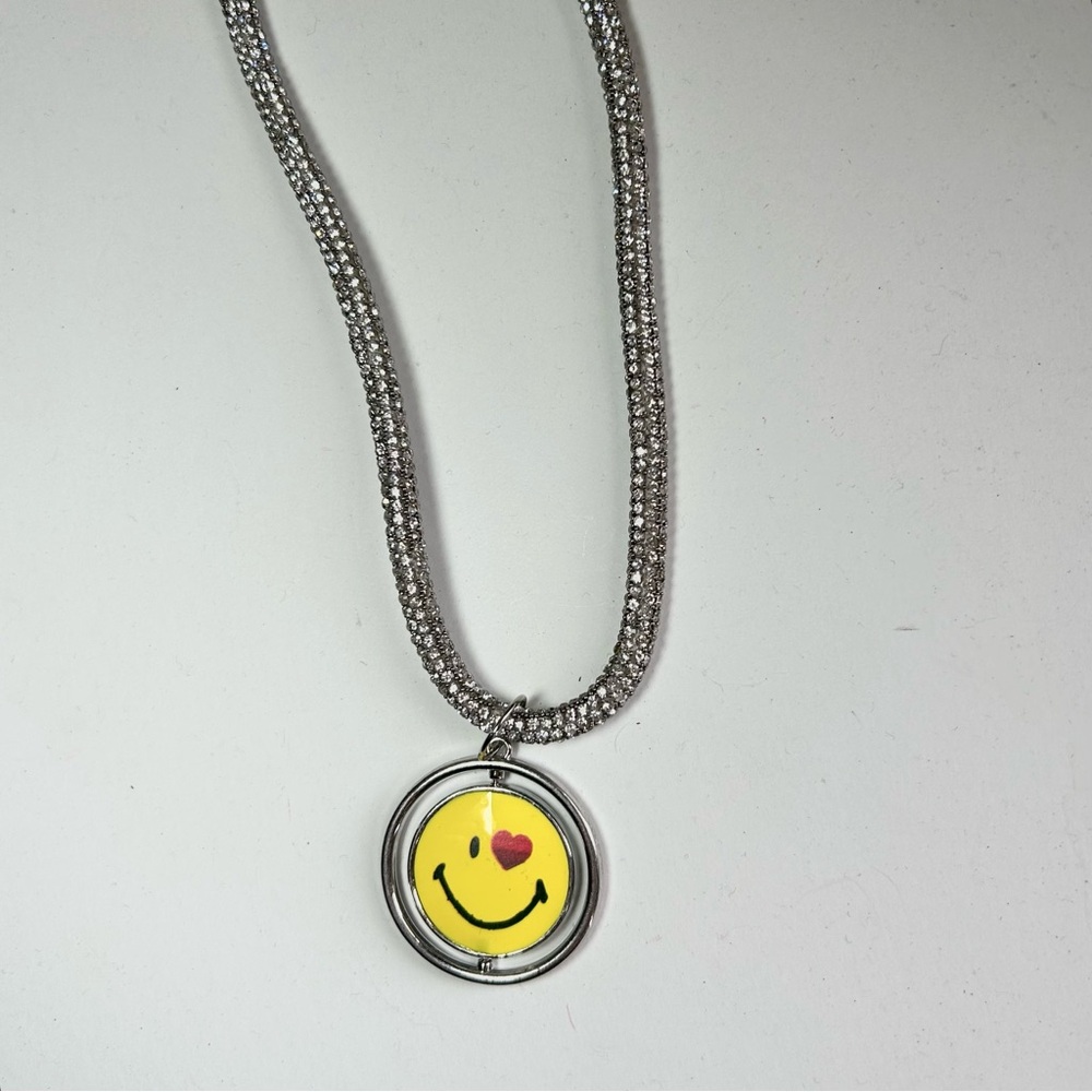 Happy Face Pendant on Silver Toned Sparkly Necklace (NWT)